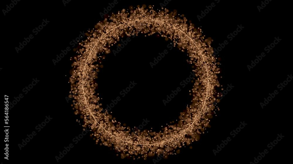 Golden circle with glitter, shiny particles on black background. Round frame with copy space for text or logo. Party, Merry Christmas, New year decoration. Design element. 3D animation. Golden circle with glitter, shiny particles on black background. Round frame with copy space for text or logo. Party, Merry Christmas, New year decoration. Design element. 3D animation.