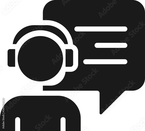 Interact with call centre operator black glyph icon. Person with headset and speech bubble. Support service. Silhouette symbol on white space. Solid pictogram. Vector isolated illustration