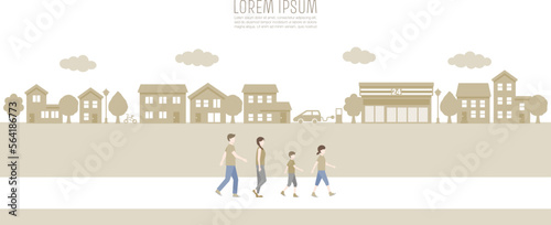 A family walking on street. simple landscape illustration
