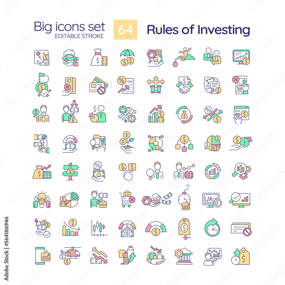 Rules of investment RGB color icons set. Trading on stock market. Financial strategy. Increase money savings. Isolated vector illustrations. Simple filled line drawings collection. Editable stroke Rules of investment RGB color icons set. Trading on stock market. Financial strategy. Increase money savings. Isolated vector illustrations. Simple filled line drawings collection. Editable stroke