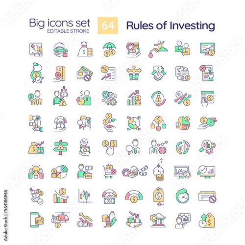 Rules of investment RGB color icons set. Trading on stock market. Financial strategy. Increase money savings. Isolated vector illustrations. Simple filled line drawings collection. Editable stroke © bsd studio