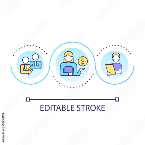 Financial counselling service loop concept icon. Professional money management. Customer care abstract idea thin line illustration. Isolated outline drawing. Editable stroke. Arial font used