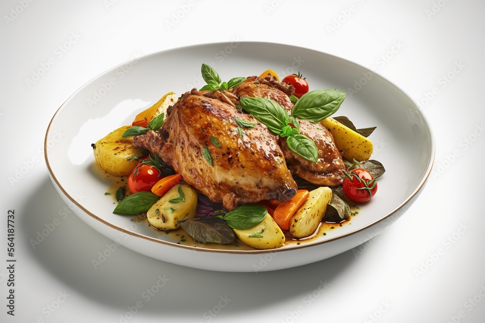 Roasted chicken on a plate. Generative AI. Roasted chicken on a plate. Generative AI.