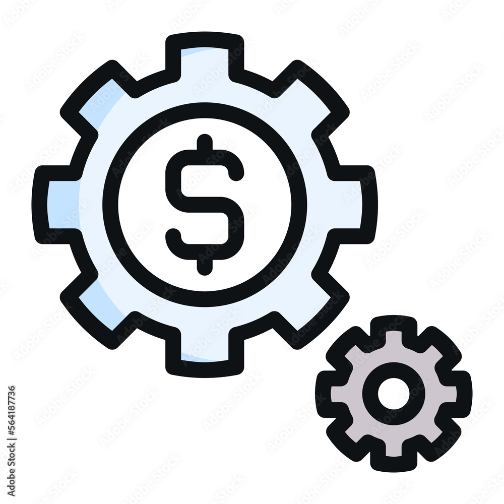Isolated gear with dollar symbol in outline color icon on white background. Setup, configuration, cogwheel, finance, banking Isolated gear with dollar symbol in outline color icon on white background. Setup, configuration, cogwheel, finance, banking