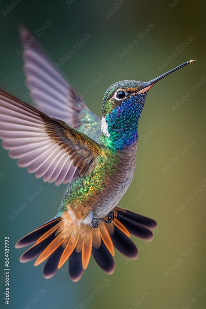 Beautiful flying hummingbird. Generative AI. Beautiful flying hummingbird. Generative AI.