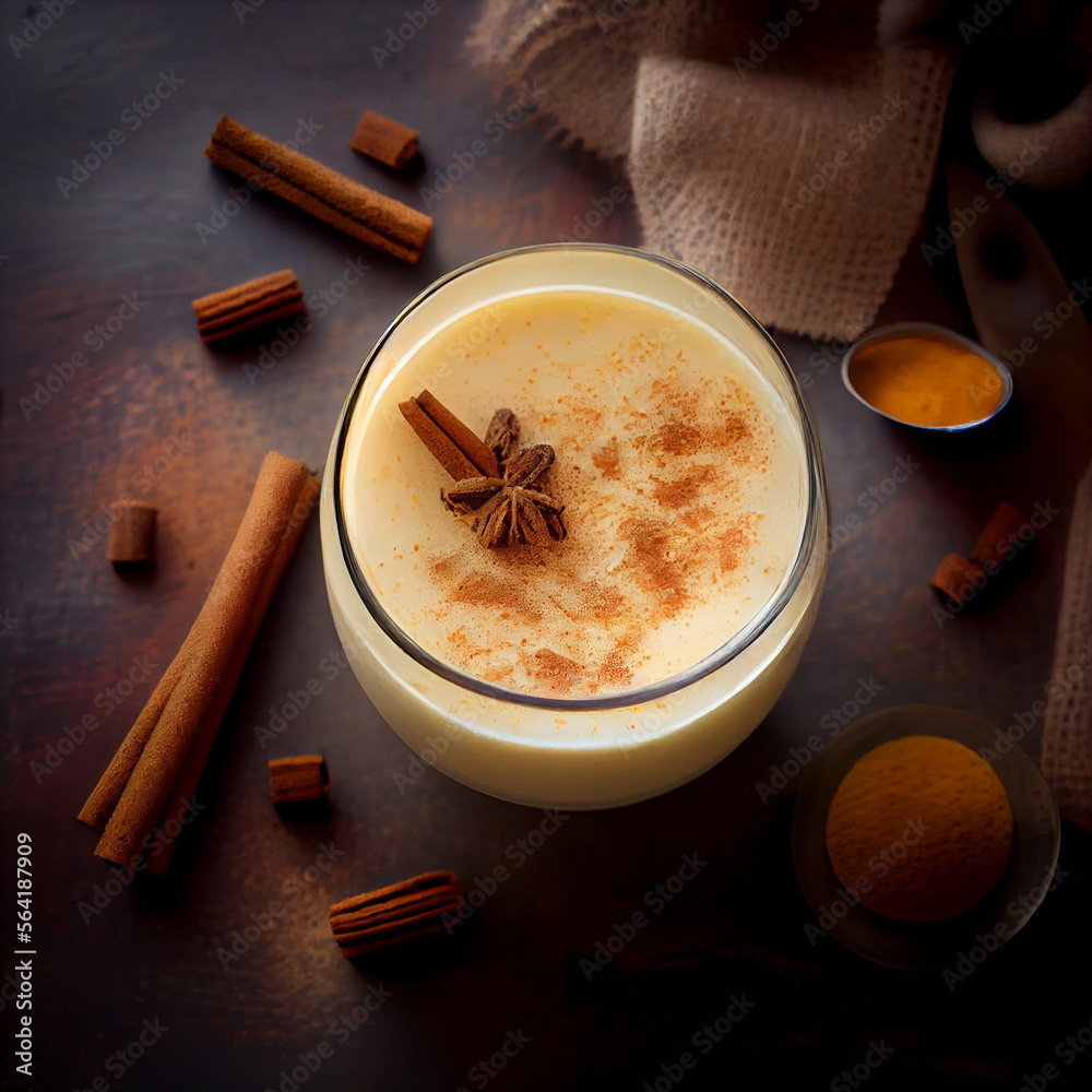 Delicious homemade eggnog in clear glass cup with cinnamon sticks surrounding it on an isolated on granite countertop, top view, bright lighting Delicious homemade eggnog in clear glass cup with cinnamon sticks surrounding it on an isolated on granite countertop, top view, bright lighting