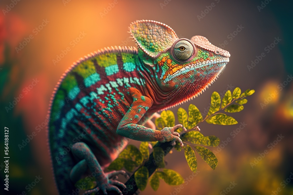 Naklejka premium Colorful chameleon on a tree branch. Generative AI.