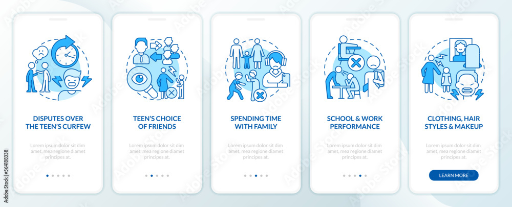 Parent teen conflict areas blue onboarding mobile app screen. Family walkthrough 5 steps editable graphic instructions with linear concepts. UI, UX, GUI template. Myriad Pro-Bold, Regular fonts used