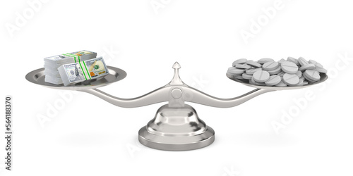 Money and tablet on scale. Isolated 3D illustration on white background
