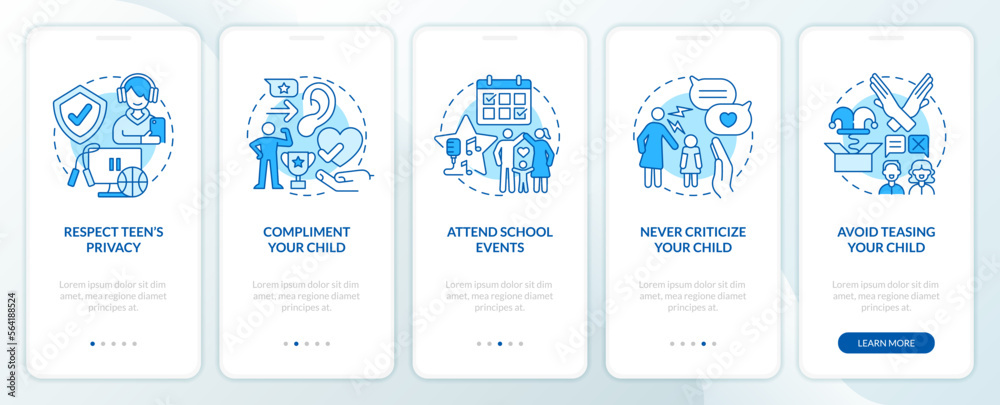 Fototapeta premium Promoting self esteem in teens blue onboarding mobile app screen. Walkthrough 5 steps editable graphic instructions with linear concepts. UI, UX, GUI template. Myriad Pro-Bold, Regular fonts used