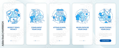 Promoting self esteem in teens blue onboarding mobile app screen. Walkthrough 5 steps editable graphic instructions with linear concepts. UI, UX, GUI template. Myriad Pro-Bold, Regular fonts used