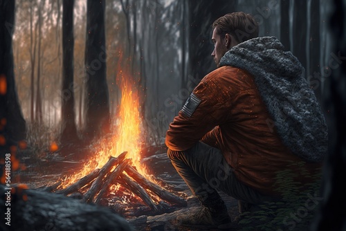 Man making campfire in forest.