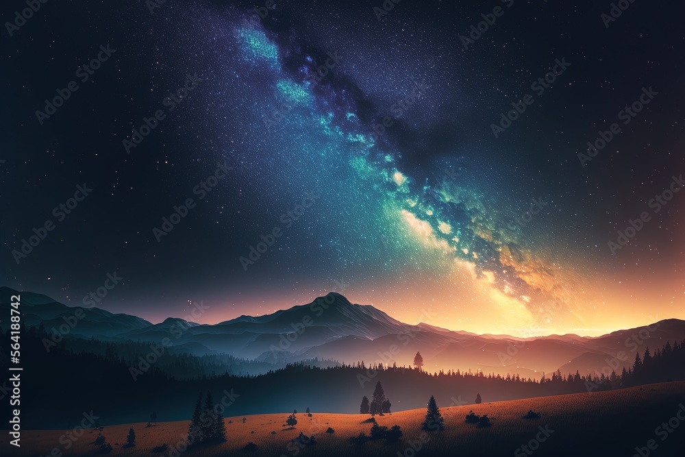 Night landscape with Milky Way. Generative AI.