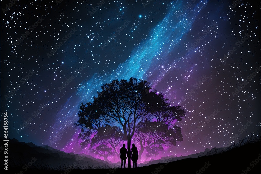 Fototapeta premium Night sky and silhouette of couple. Generative AI.