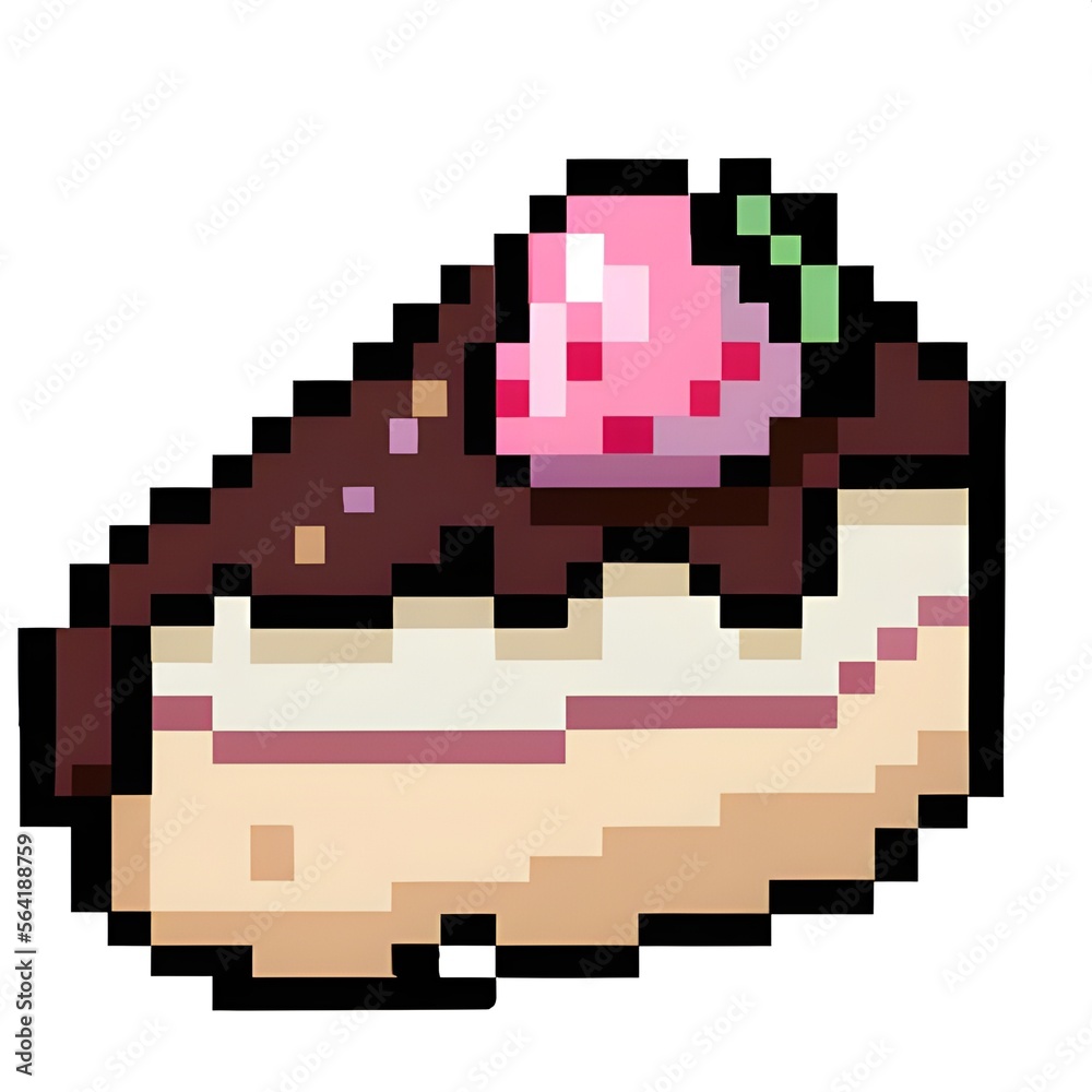 Chocolate-topped cake topped with strawberries pixel art. Generative AI. Chocolate-topped cake topped with strawberries pixel art. Generative AI.
