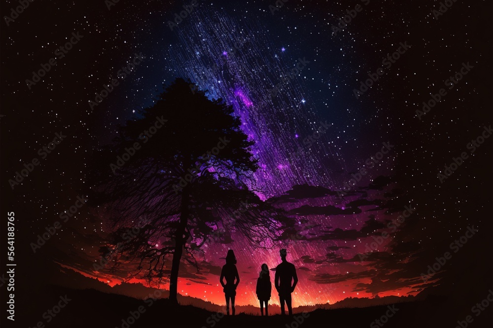 Naklejka premium Night sky and silhouette of couple. Generative AI.