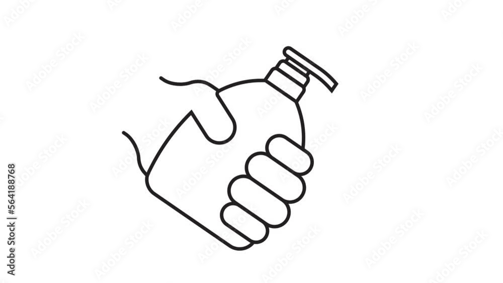 Animated hand holds bottle, tube of liquid soap. Disinfection and prevention, prevention of infection by bacteria and viruses. Cartoon looped video isolated on white background Animated hand holds bottle, tube of liquid soap. Disinfection and prevention, prevention of infection by bacteria and viruses. Cartoon looped video isolated on white background