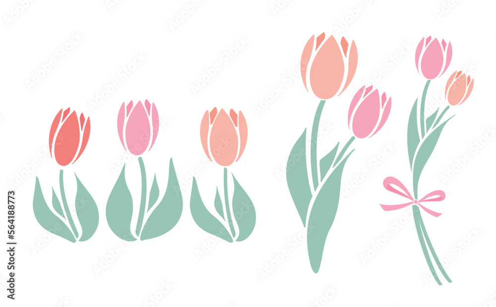 シンプルな春のお花のチューリップの花束イラストセット_ベクター素材_ピンク赤色_透過PNG