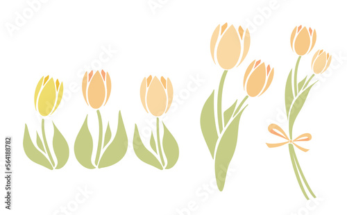 シンプルな春のお花のチューリップの花束イラストセット_ベクター素材_黄色オレンジ_透過PNG