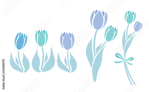 シンプルな春のお花のチューリップの花束イラストセット_ベクター素材_寒色青色_透過PNG