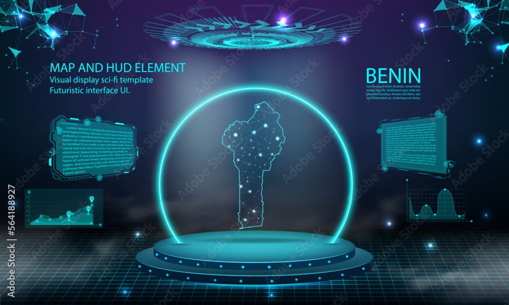 Obraz premium benin map light connecting effect background. abstract digital technology UI, GUI, futuristic HUD Virtual Interface with benin map. Stage futuristic podium in fog.