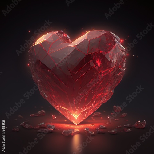 Red illuminated crystal heart. Generative AI.