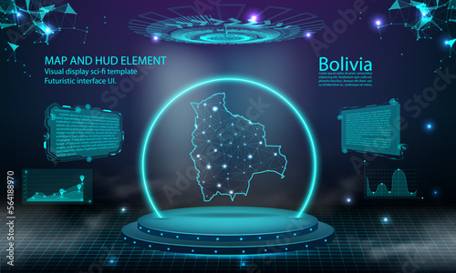 bolivia map light connecting effect background. abstract digital technology UI, GUI, futuristic HUD Virtual Interface with bolivia map. Stage futuristic podium in fog.
