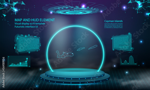 cayman Islands map light connecting effect background. abstract digital technology UI, GUI, futuristic HUD Virtual Interface with cayman Islands map. Stage futuristic podium in fog.