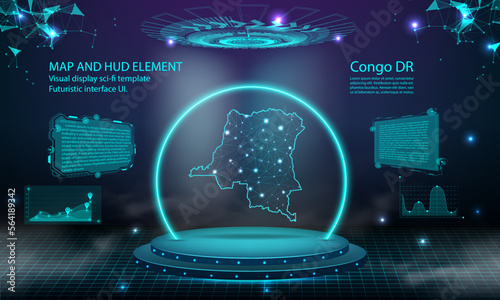 congo DR map light connecting effect background. abstract digital technology UI, GUI, futuristic HUD Virtual Interface with congo  map. Stage futuristic podium in fog.