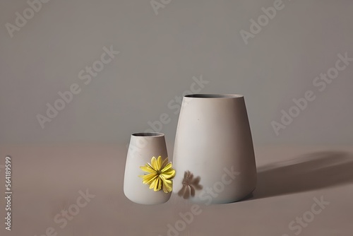 Vase with a yea¿llow flowe next to it, generative ai illustration with copy space on neutral background photo