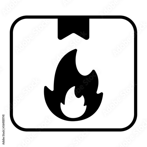Fire flame sign with package symbolizing icon of flammable delivery