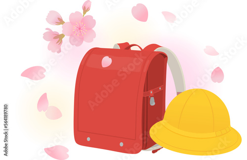 赤いランドセル・黄色い帽子と桜のイメージ素材_ベクターイラスト