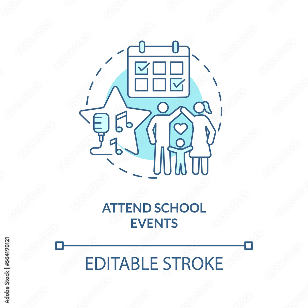 Attend school events turquoise concept icon. Promoting self esteem in teens abstract idea thin line illustration. Isolated outline drawing. Editable stroke. Arial, Myriad Pro-Bold fonts used