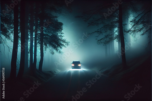 A car drives through a foggy mystical forest, lighting the road with headlights. Created with Generative AI technology.