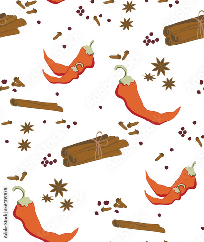 Seamless spice pattern, cinnamon, pepper, cardamom, chili
