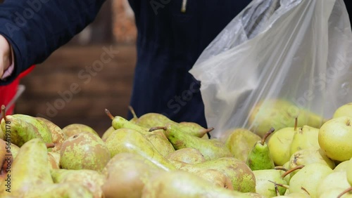 Person fills a plastic bag with fresh pears at a grocery store. The image captures the action of choosing ripe fruit for purchase, showcasing the selection process during shopping.