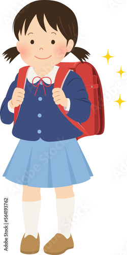 ランドセルを背負った新一年生の女の子（正面）_ベクターイラスト
