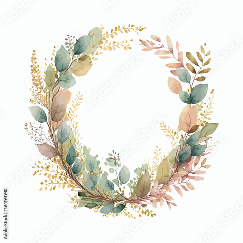 Watercolor floral wreath / frame with green leaves. Decorative elements template. Flat cartoon illustration isolated on white background