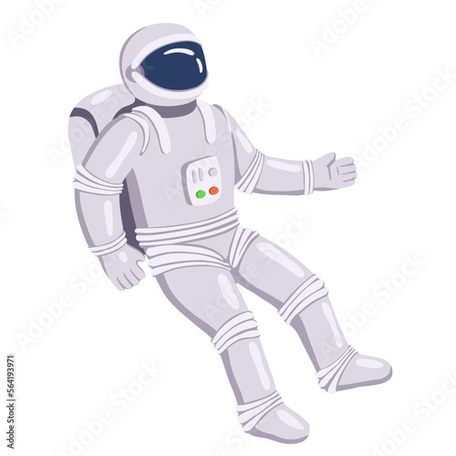 Astronaut in spacesuit in weightlessness in cool, blue and purple hues. Space illustration of a man in a spacesuit floating in the air. Flat style vector graphic, astronaut in the universe, galaxy