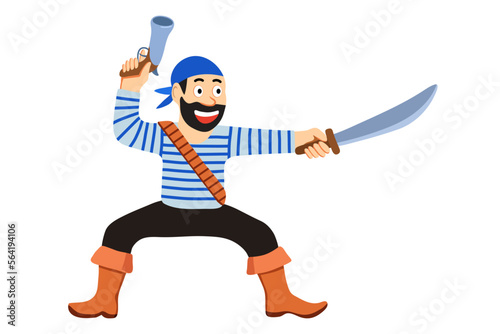 Unshaven pirate in T-shirt and bandana, holding saber and pistol in a fighting stance. A criminal and outlaw, smiling. Vector illustration of piracy and adventure in a children's cartoon flat style