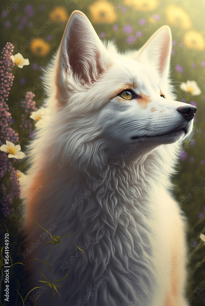  Inquisitive and cunning white fur fox in meadow of colorful spring fantasy flowers in bloom. Curious and graceful wild beauty with intelligent piercing eyes - generative AI illustration.