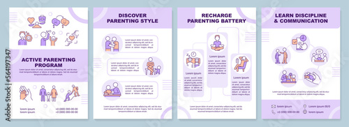 Active parenting program purple brochure template. Leaflet design with linear icons. Editable 4 vector layouts for presentation, annual reports. Arial-Black, Myriad Pro-Regular fonts used