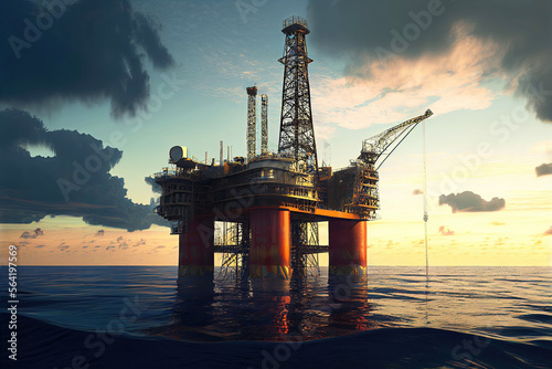 Fototapete Industrial oil rig on calm ocean at sunset as energy concept (Generative AI)