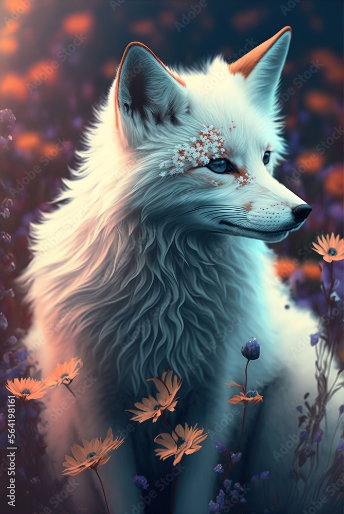  Inquisitive and cunning white fur fox in meadow of colorful spring fantasy flowers in bloom. Curious and graceful wild beauty with intelligent piercing eyes - generative AI illustration.