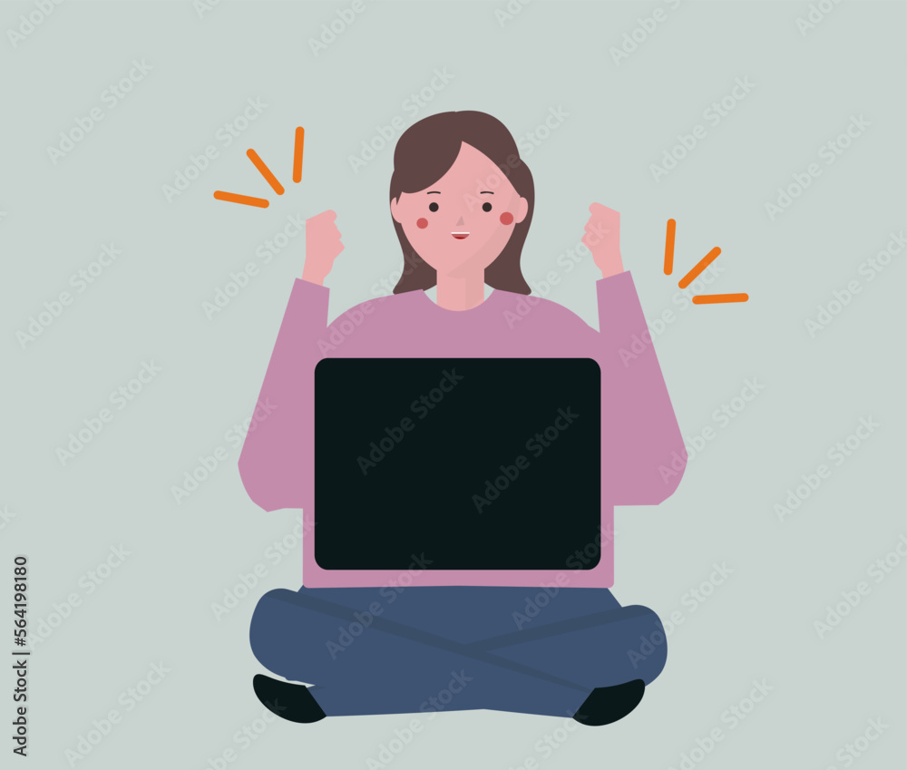 パソコンをしながら笑顔で喜ぶ女性。ガッツポーズ、大学生。ベクターイラスト