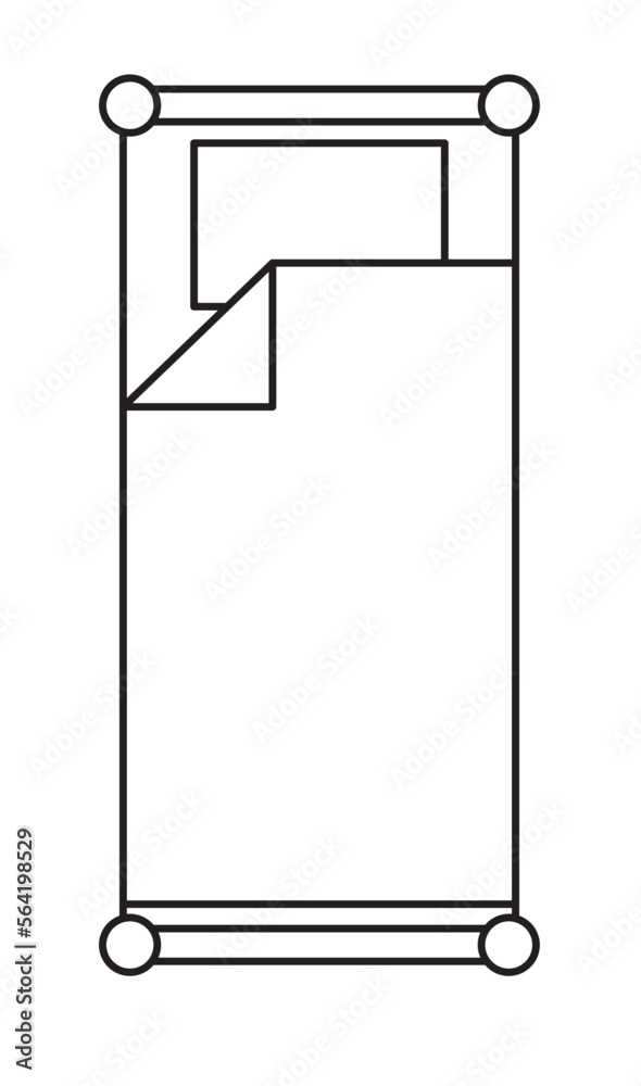 2D graphic image of the top of a single bed. Complete bed with mattress and blanket. Drawn using CAD in black and white. 2D graphic image of the top of a single bed. Complete bed with mattress and blanket. Drawn using CAD in black and white.