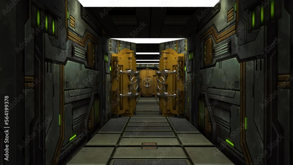 Movement along the corridor with metal doors