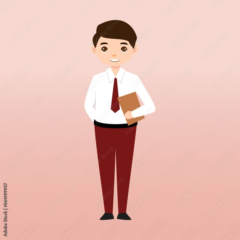  Elementary School Boy Student Wearing Red and White Uniform. Cartoon Vector Illustration. Portrait of an elementary school student. School students children with backpacks, books, macbook. 