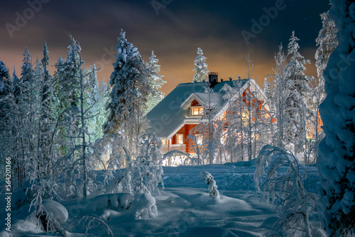 Beautiful winter night landscape with deep snow covered trees and wooden hut in foreground. (high ISO image)