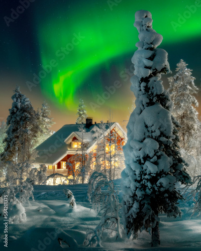 Beautiful winter night with Northern lights (aurora borealis) in the sky, deep snow covered trees and wooden hut in foreground. (high ISO image)